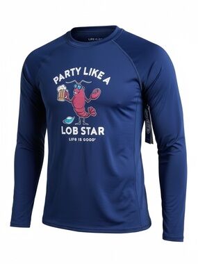 Life is Good Mens Small Blue Rashguard UPF50+ Swim Shirt Lobster Star NWT